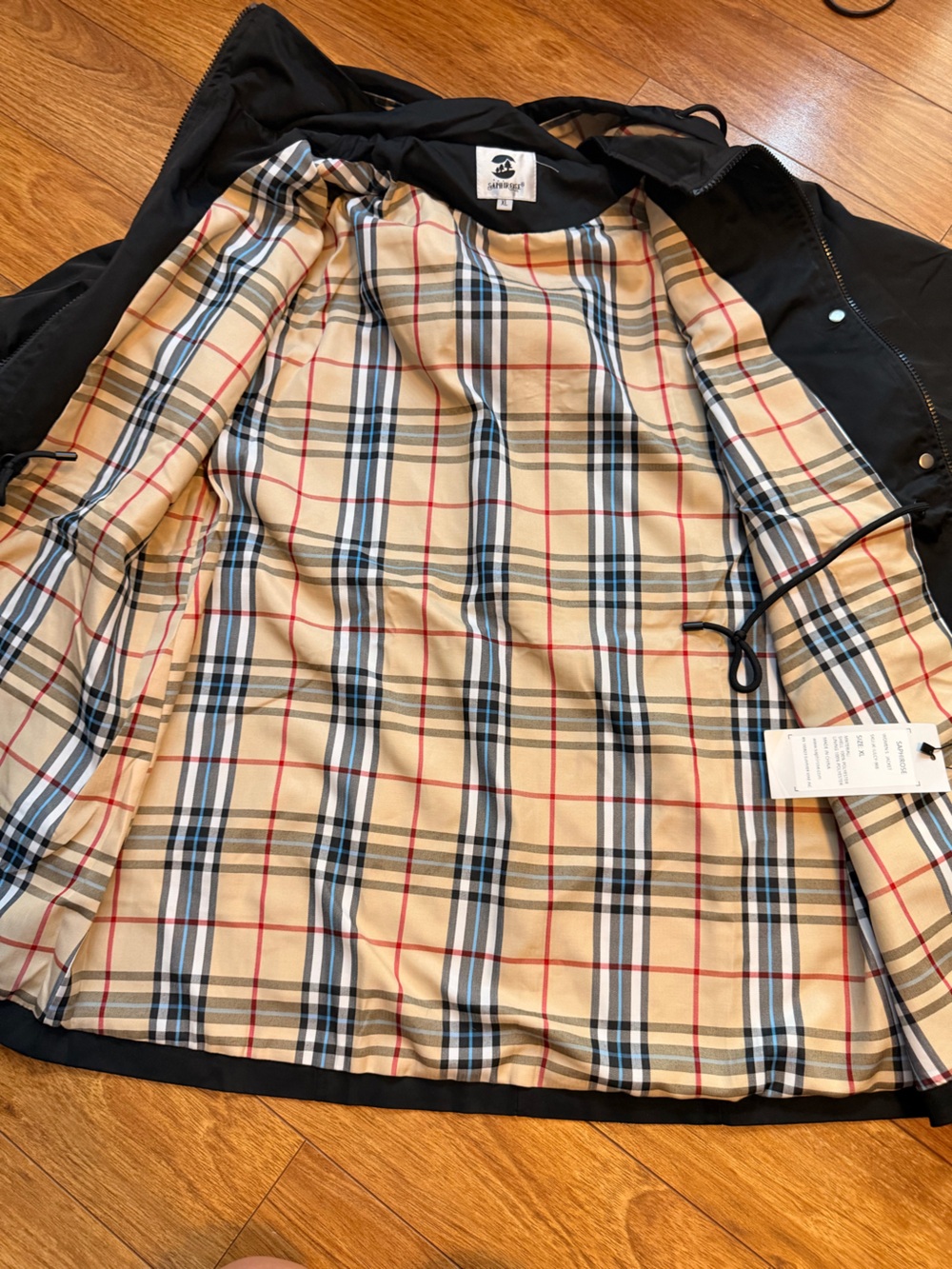 Saphirose Women’s Black Hooded Rain Coat with Plaid Lining Size XL - Picture 10 of 10